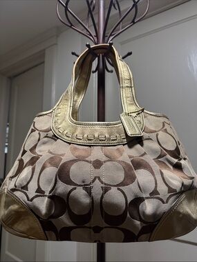 Coach Beige and Brown Signature Shoulder Bag with Gold Trim